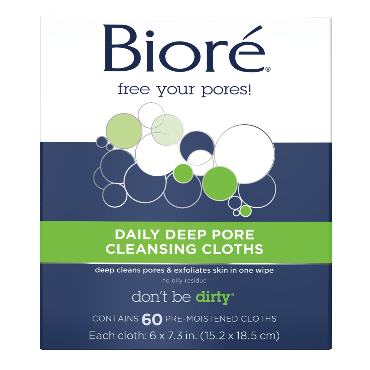Bioré front packaging of 60 deep pore cleansing cloths for convenient use