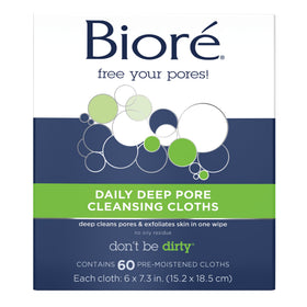 Bioré front packaging of 60 deep pore cleansing cloths for convenient use