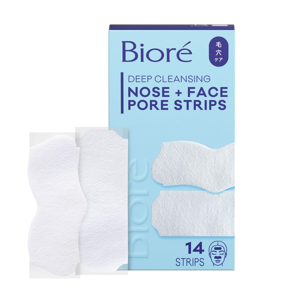 Bioré front packaging of Nose and Face pore strips showing product benefits