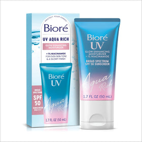 Bioré front tube showing SPF 50 and glow benefits