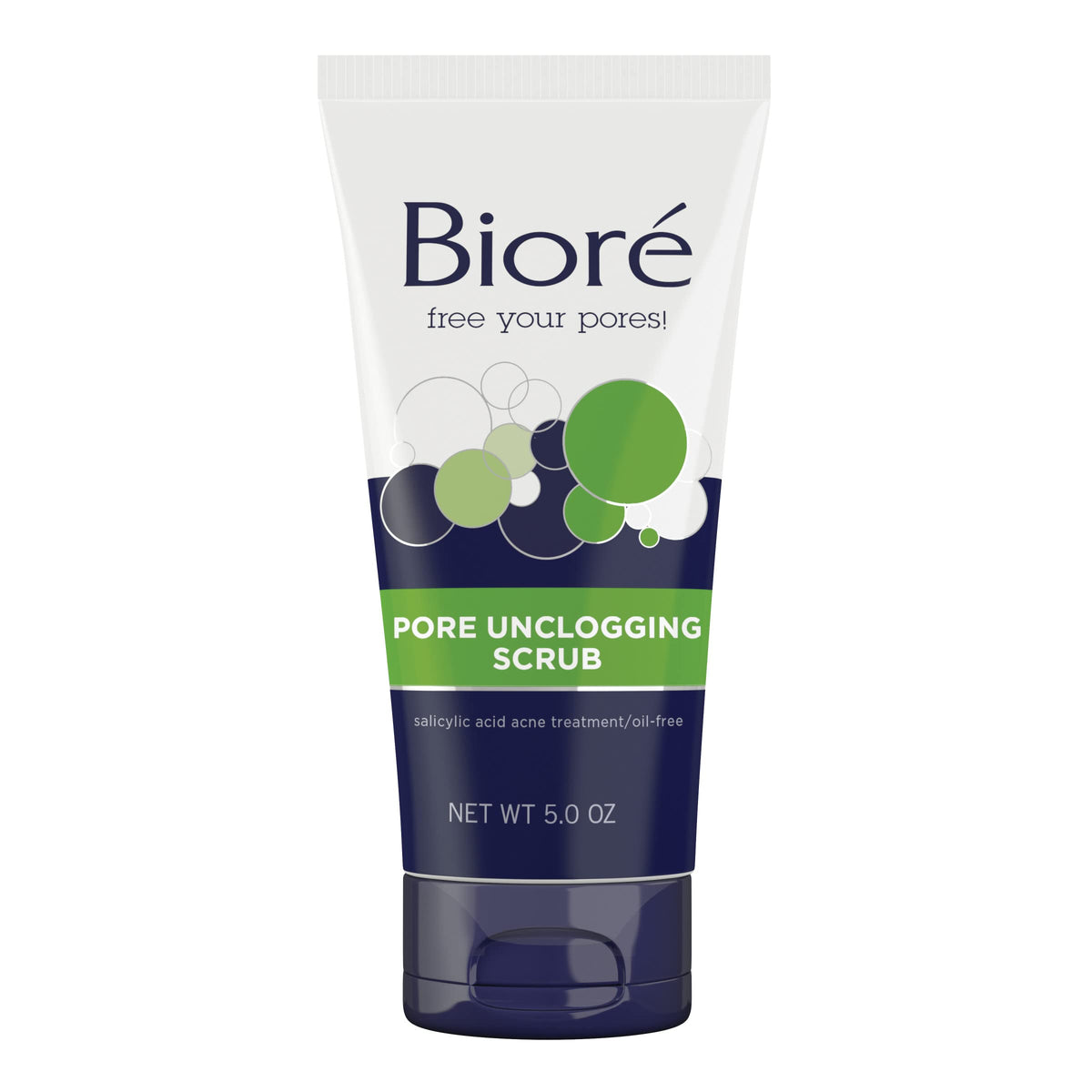 Bioré front packaging of pore unclogging scrub showing tube and branding for clear pores