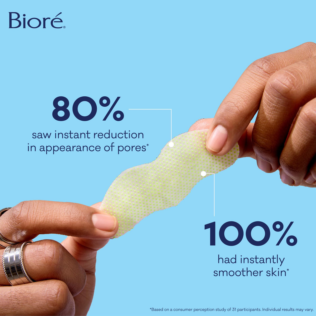 Biore strip held in hand showing scale for easy-apply, targeted treatment benefit