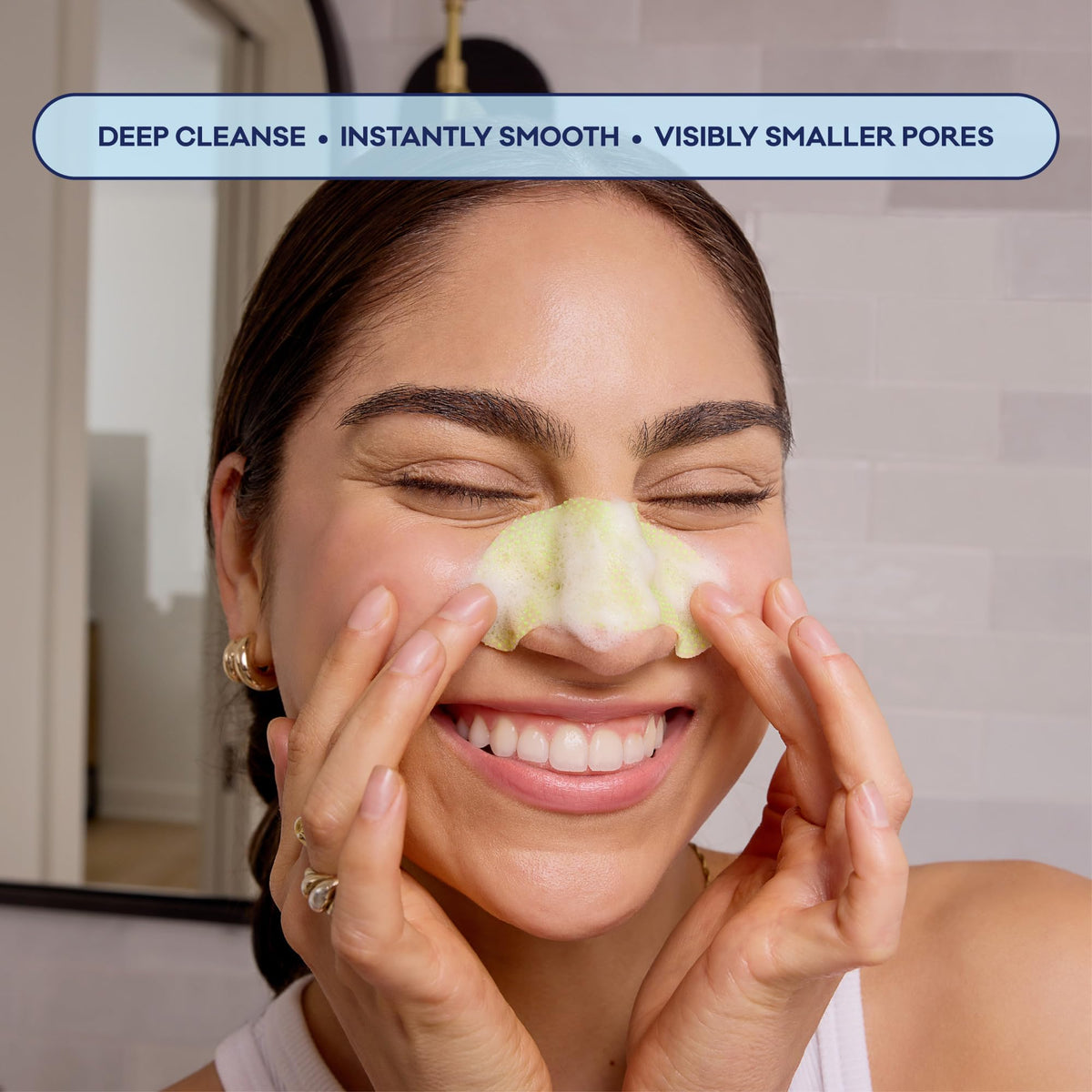 Biore strip applied on nose in use for fast pore cleansing benefit