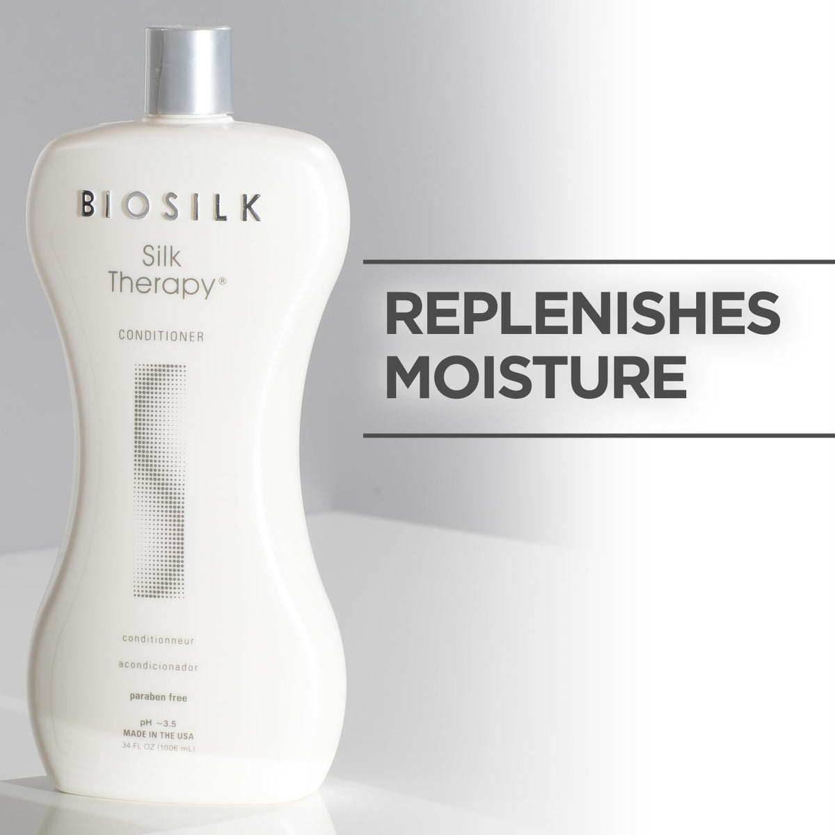BioSilk 34 oz conditioner next to hand showing large size