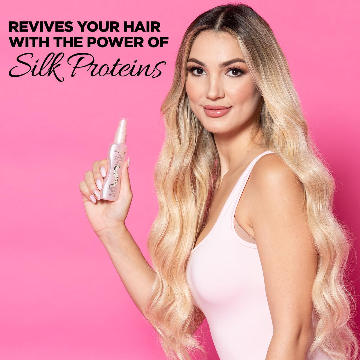 BioSilk close-up of spray nozzle and silk texture offering easy application benefit