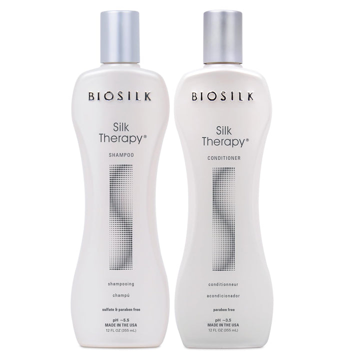 BioSilk duo front packaging showing shampoo and conditioner for salon-like shine