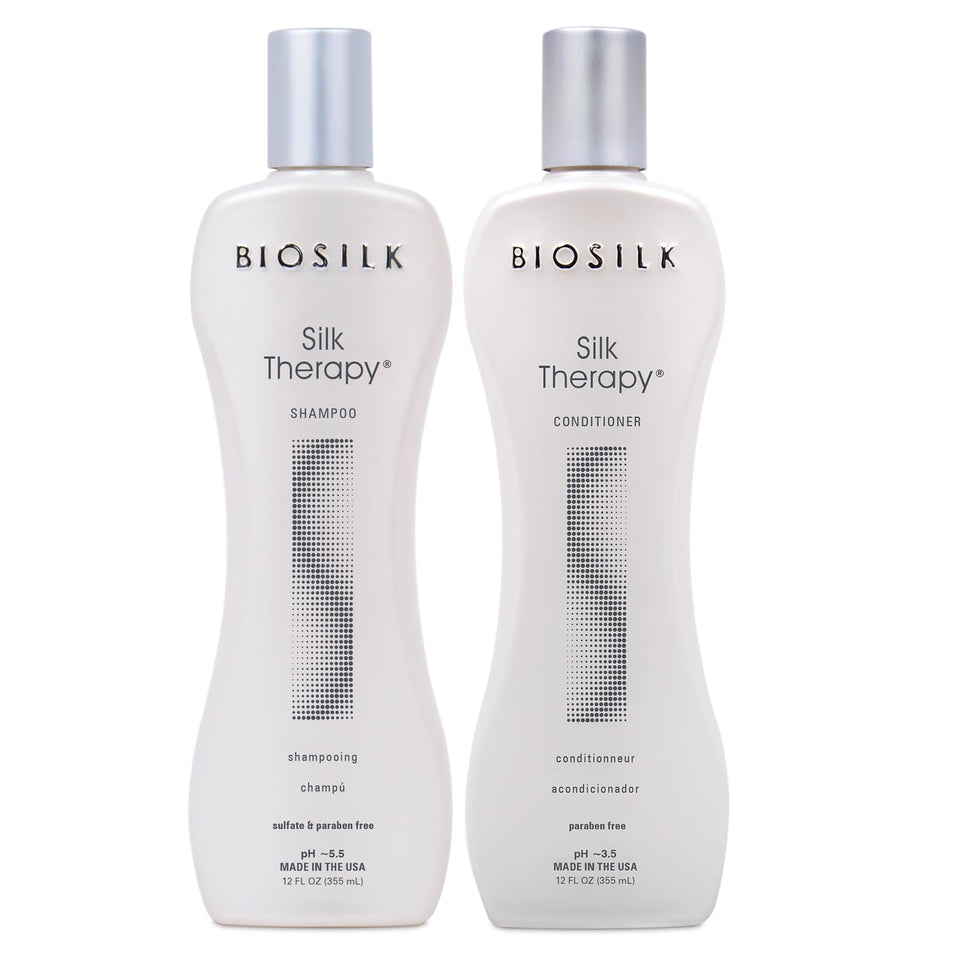 BioSilk duo front packaging showing shampoo and conditioner for salon-like shine