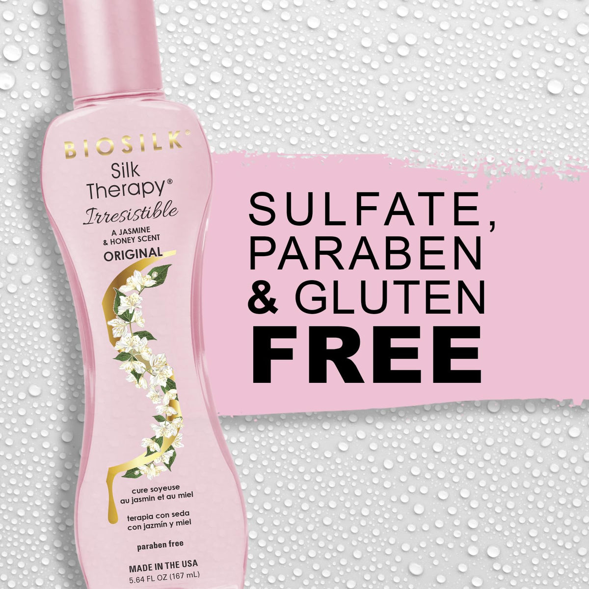 Close-up of BioSilk label showcasing sulfate-free paraben-free cruelty-free benefits