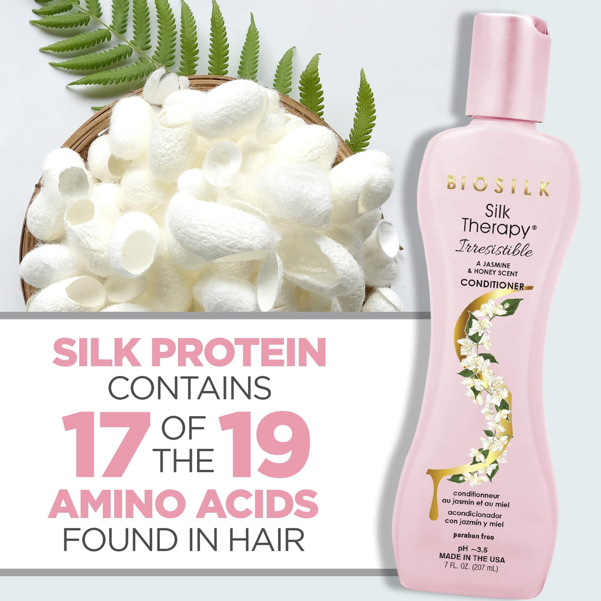 BioSilk bottle next to hand for size comparison showing convenient 7 oz travel-friendly benefit