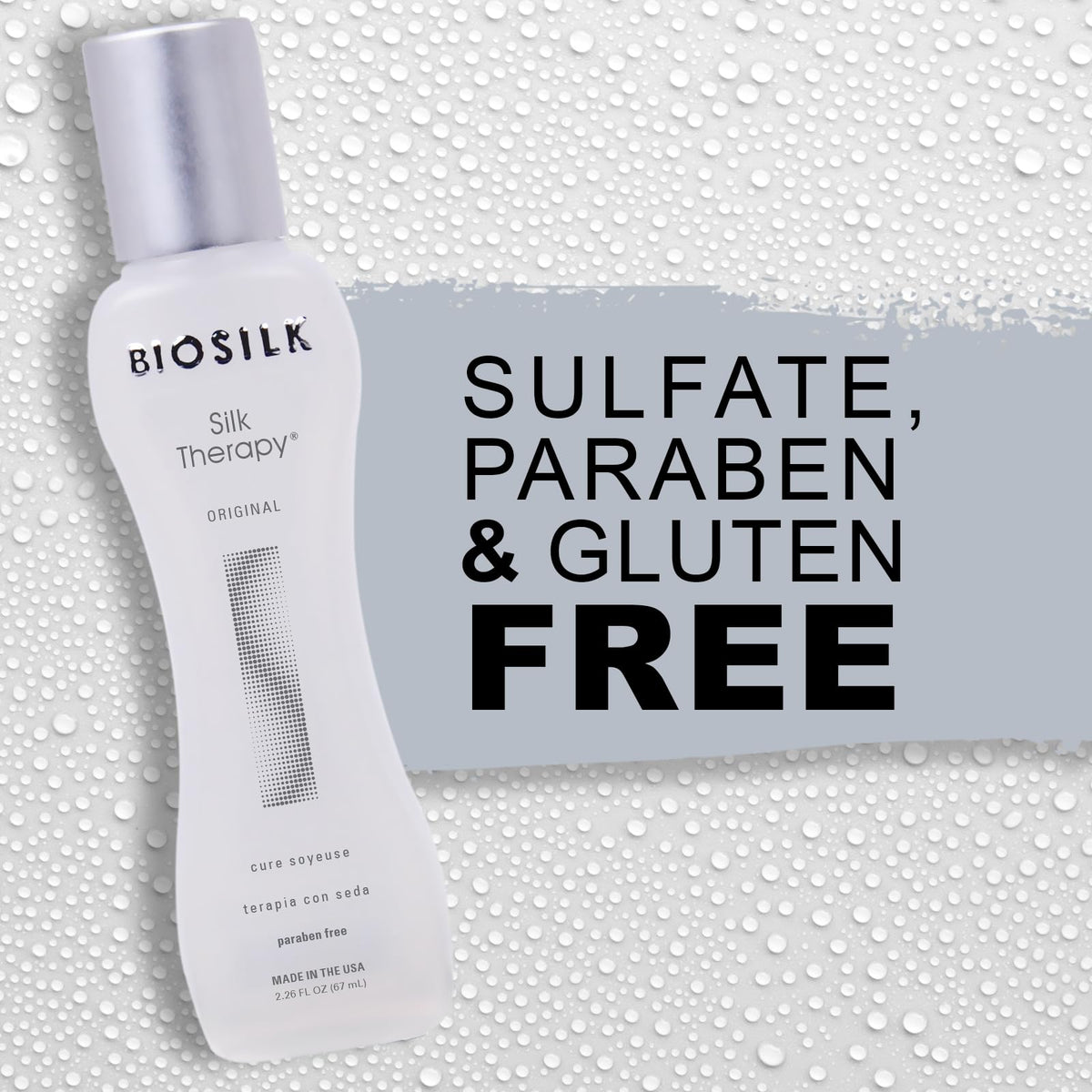 BioSilk bottle beside hand to show 2.26 oz travel-friendly size