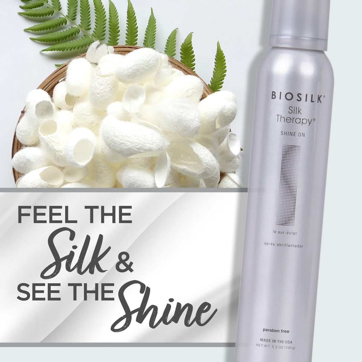 BioSilk styling scene with model showing polished finished hairstyle and frizz control