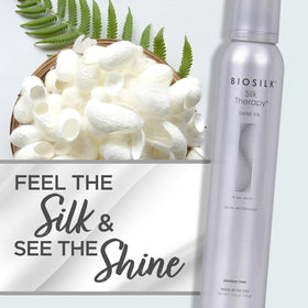 BioSilk styling scene with model showing polished finished hairstyle and frizz control