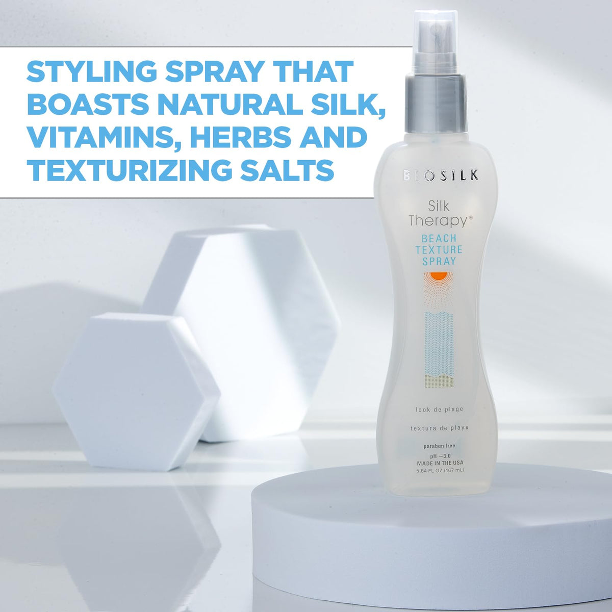 BioSilk ingredients closeup with silk and keratin visuals highlighting shine boost