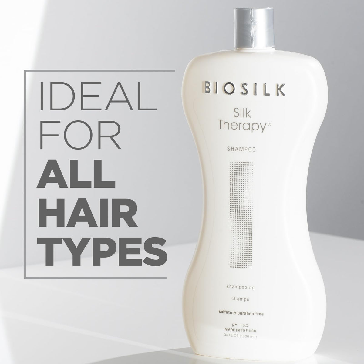 BioSilk pump close-up revealing shampoo texture and easy dispensing benefit