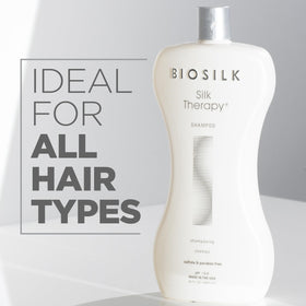 BioSilk pump close-up revealing shampoo texture and easy dispensing benefit