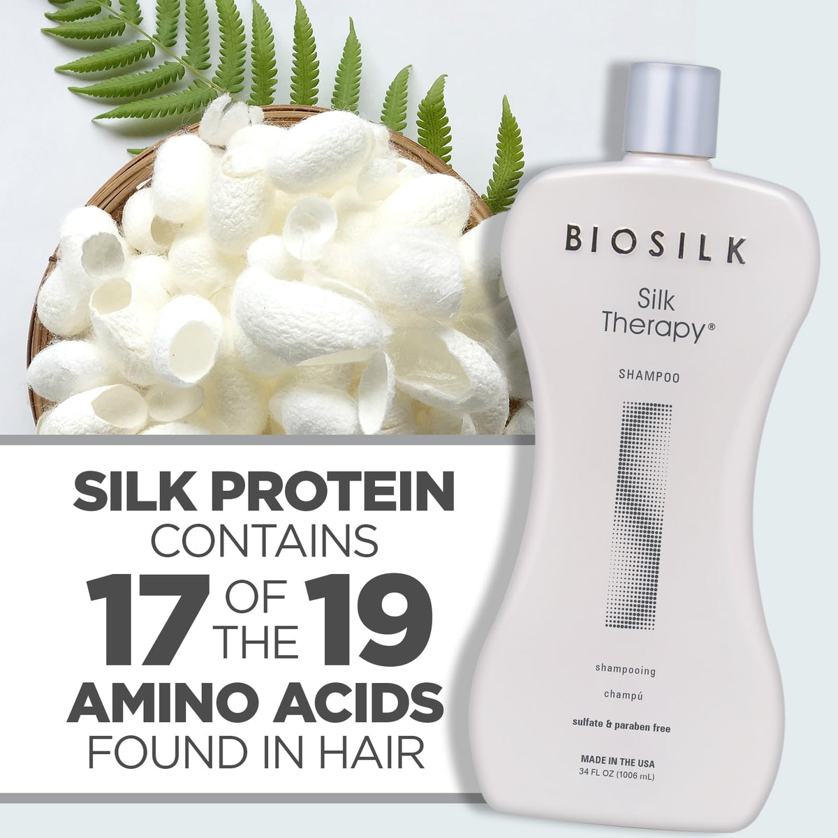 BioSilk shampoo being poured to show lather potential and gentle cleansing