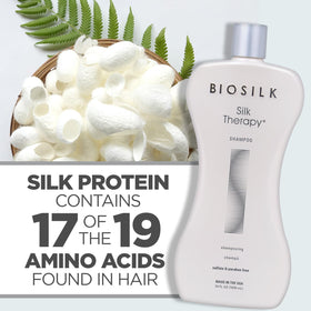 BioSilk shampoo being poured to show lather potential and gentle cleansing