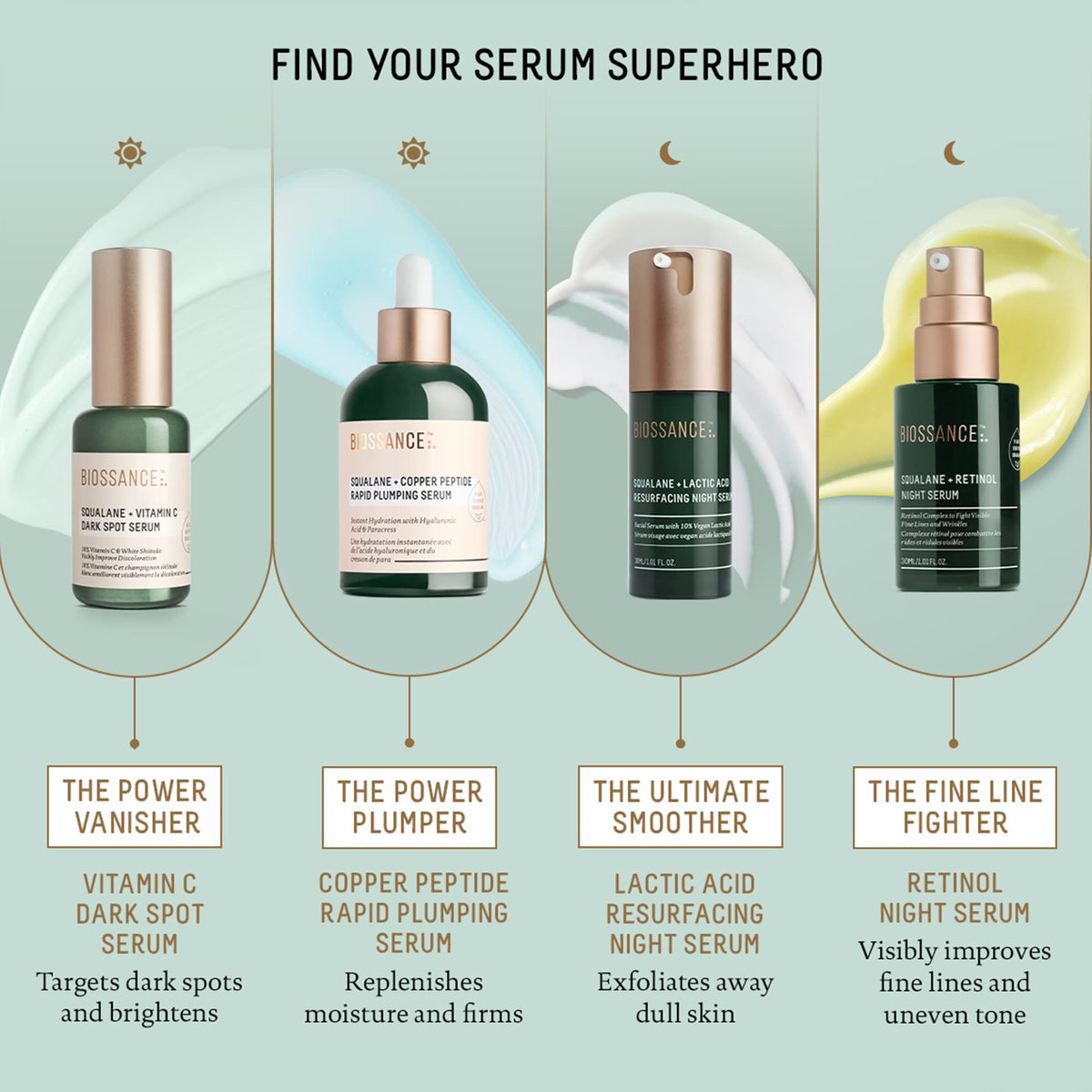 Biossance 1.69oz bottle beside ruler showing true size and travel-friendly benefit