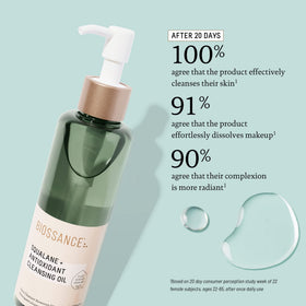Biossance cleansing oil pump and cap detail highlighting precise dispensing and mess-free application benefit