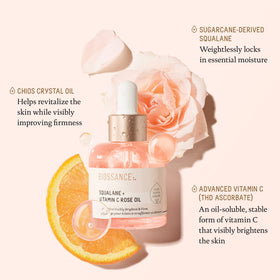 BIOSSANCE close-up of Damascus rose extract and bottle label for sensory and ingredient clarity