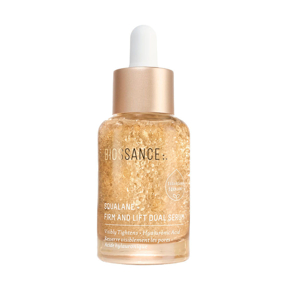 BIOSSANCE dual serum front bottle showing 30ml size and sleek label, conveys professional care