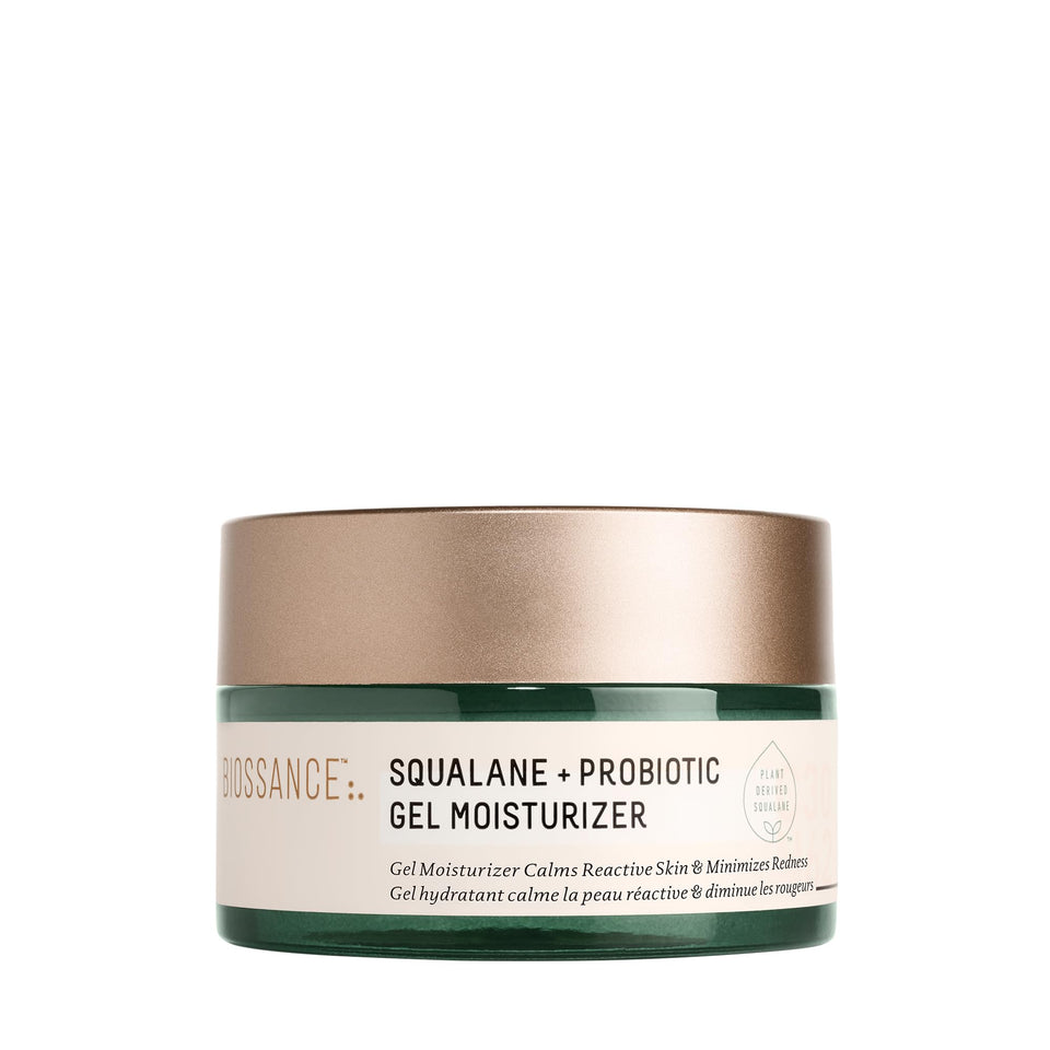 Biossance front jar view showing clean packaging and lightweight gel benefit