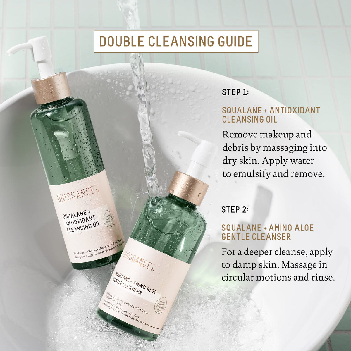 BIOSSANCE in-bathroom lifestyle image portraying daily skincare routine benefit