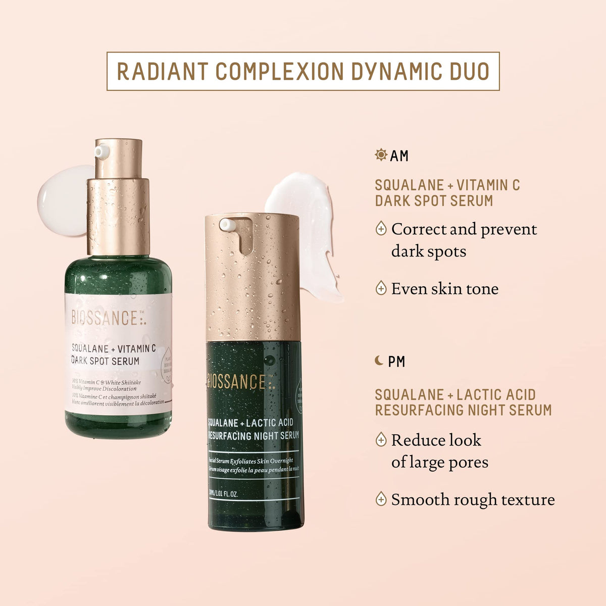BIOSSANCE ingredients label showing lactic acid and squalane benefits and clarity