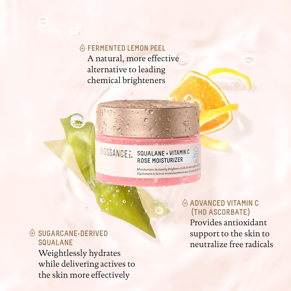 BIOSSANCE moisturizer held in hand to show compact 1.69 fl oz size and travel-friendly benefit