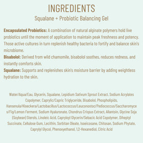 Biossance gel applied to cheek illustrating calming effect and balanced skin benefit