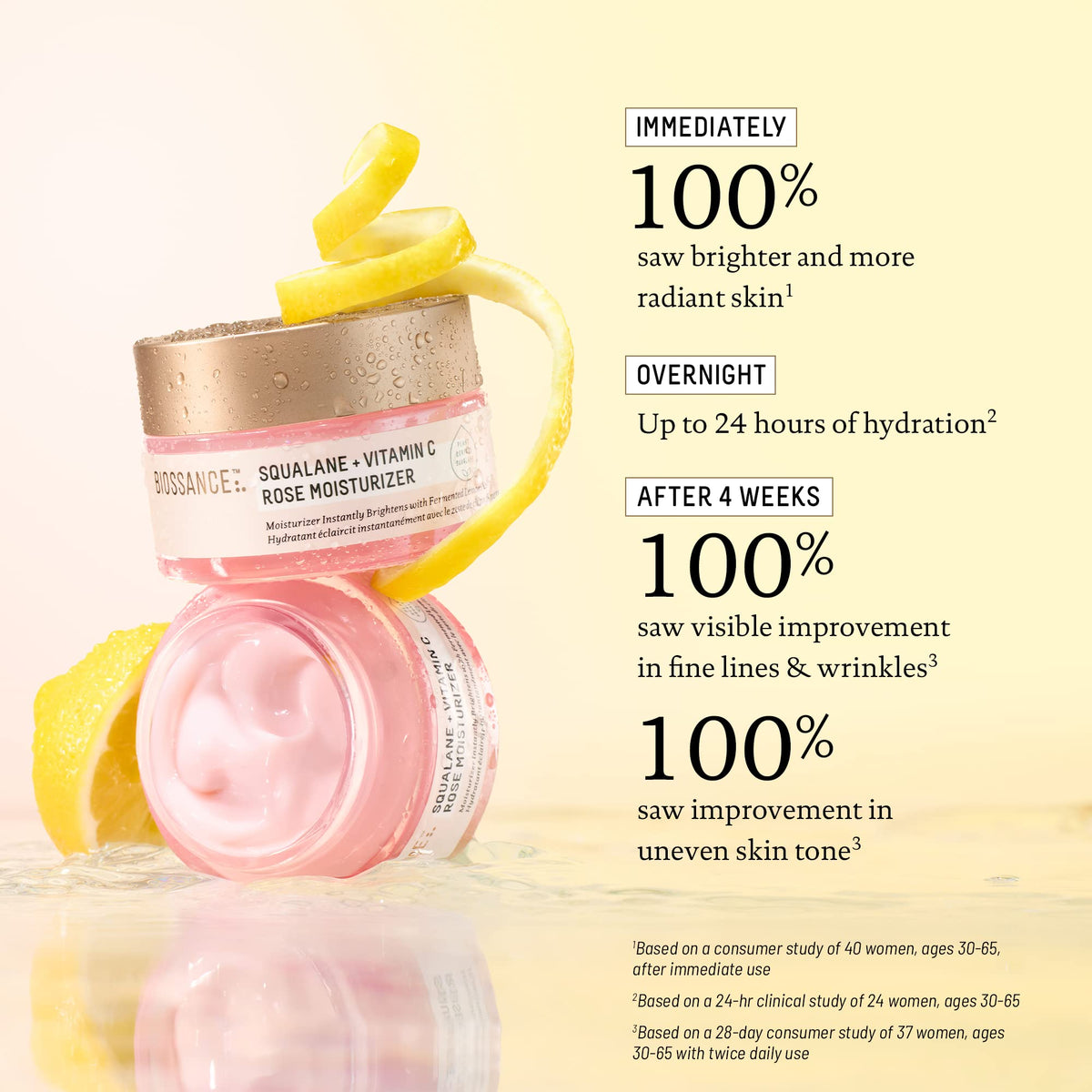 BIOSSANCE moisturizer with fermented lemon peel and vitamin C display indicating brightening benefit