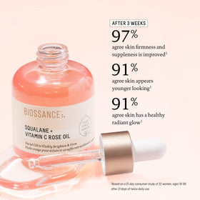 BIOSSANCE oil poured into hand demonstrating hydration and non-greasy finish