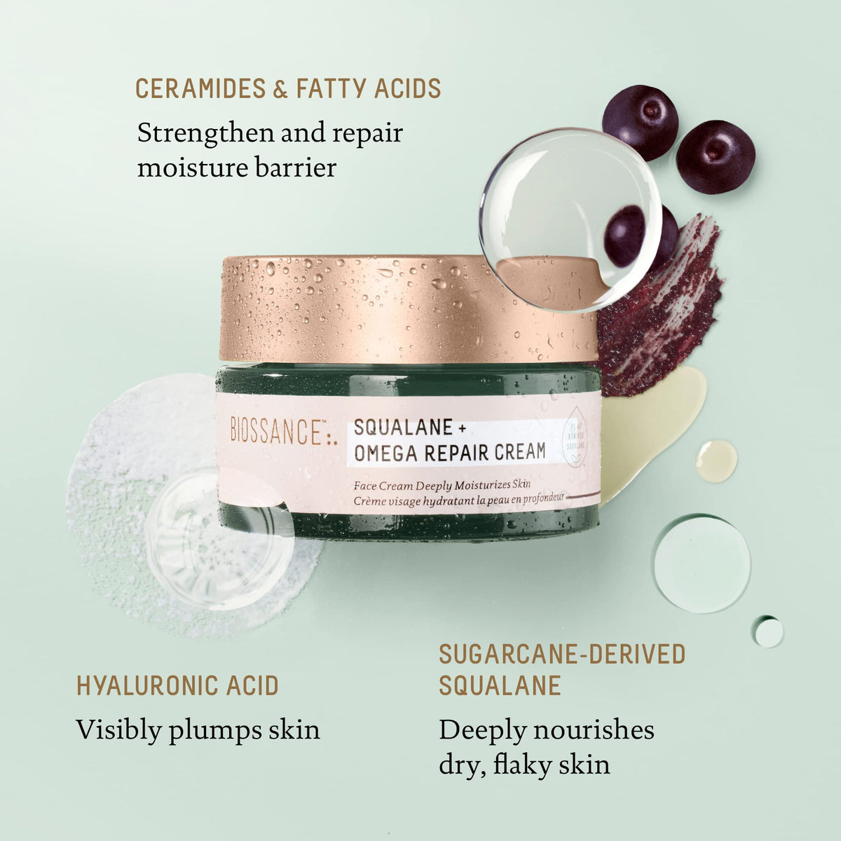 BIOSSANCE cream on fingers demonstrating small amount needed and quick absorption