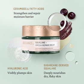 BIOSSANCE cream on fingers demonstrating small amount needed and quick absorption