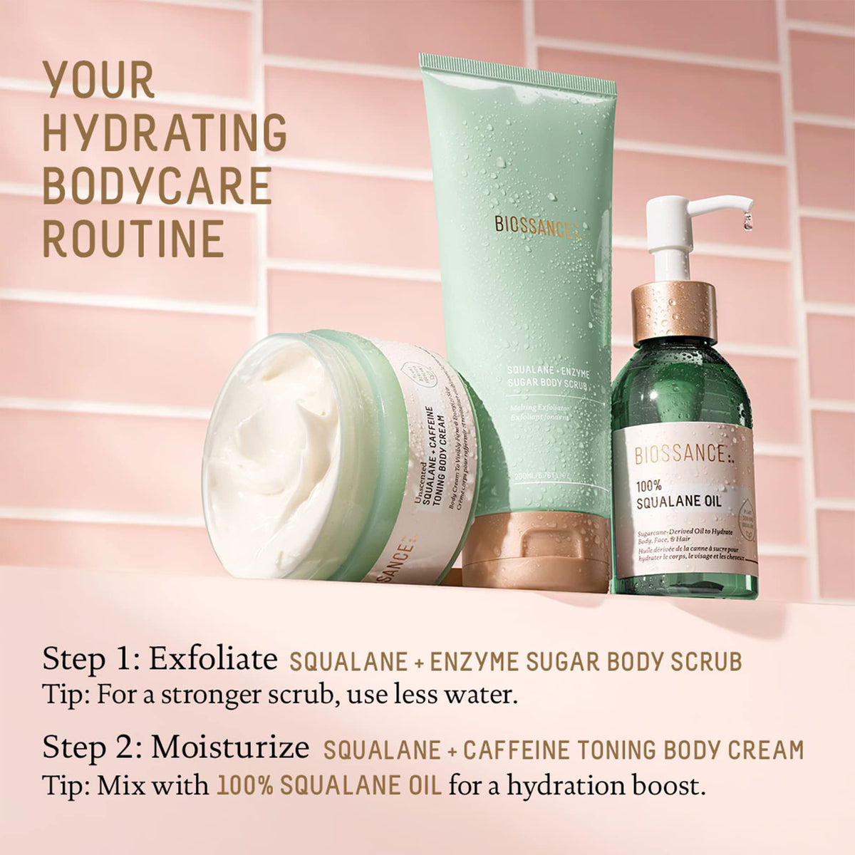 BIOSSANCE massaging oil onto damp body skin after shower for locked-in moisture