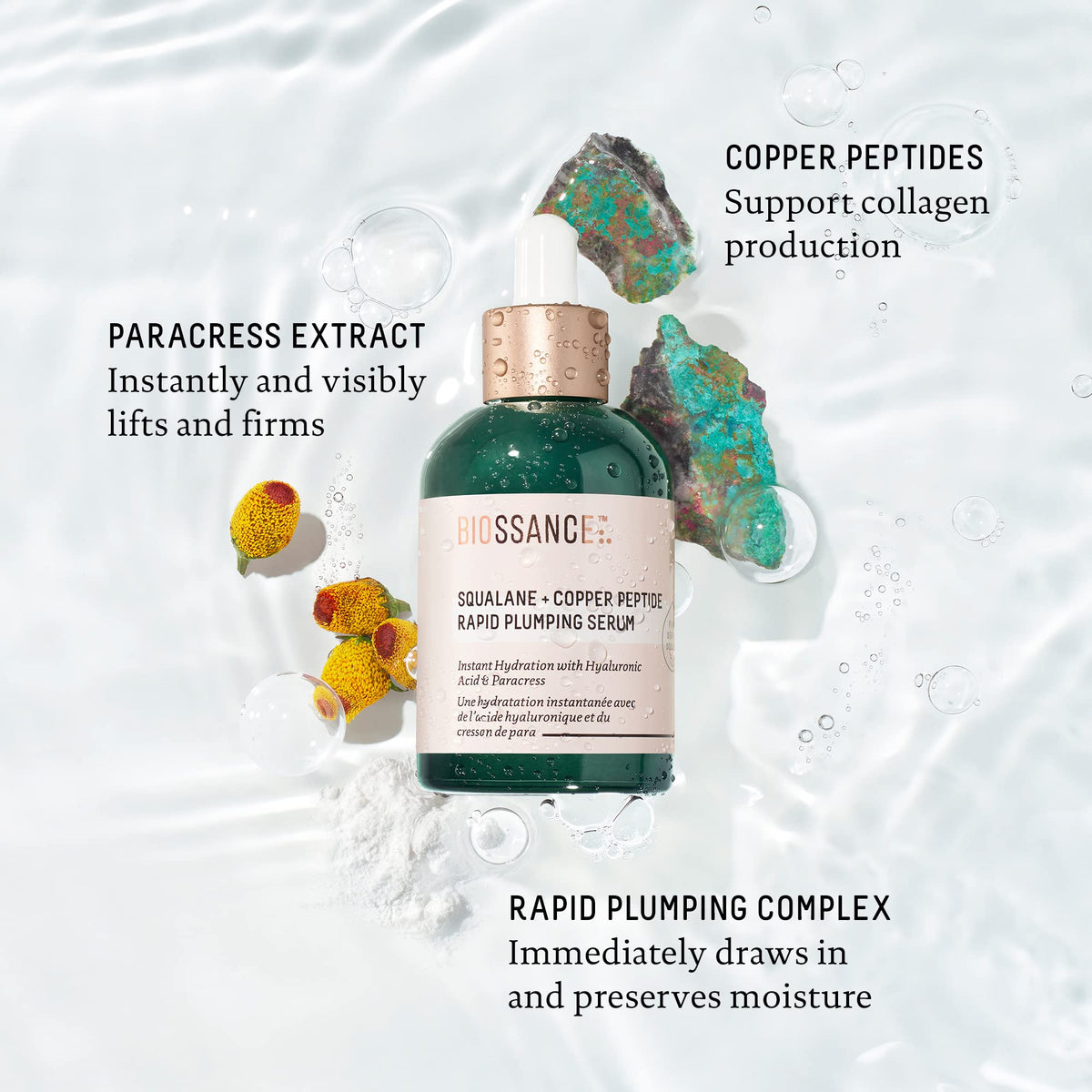 Biossance close-up texture of the gel serum showing smooth, hydrating consistency