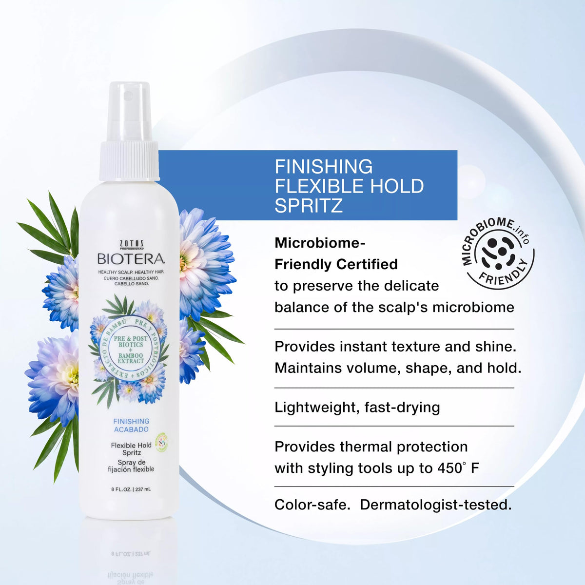 Biotera close-up nozzle releasing fine mist for even styling