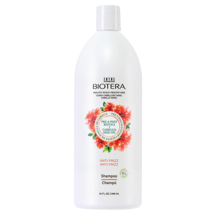 Biotera front bottle 32oz showing product and benefit of long-lasting frizz control