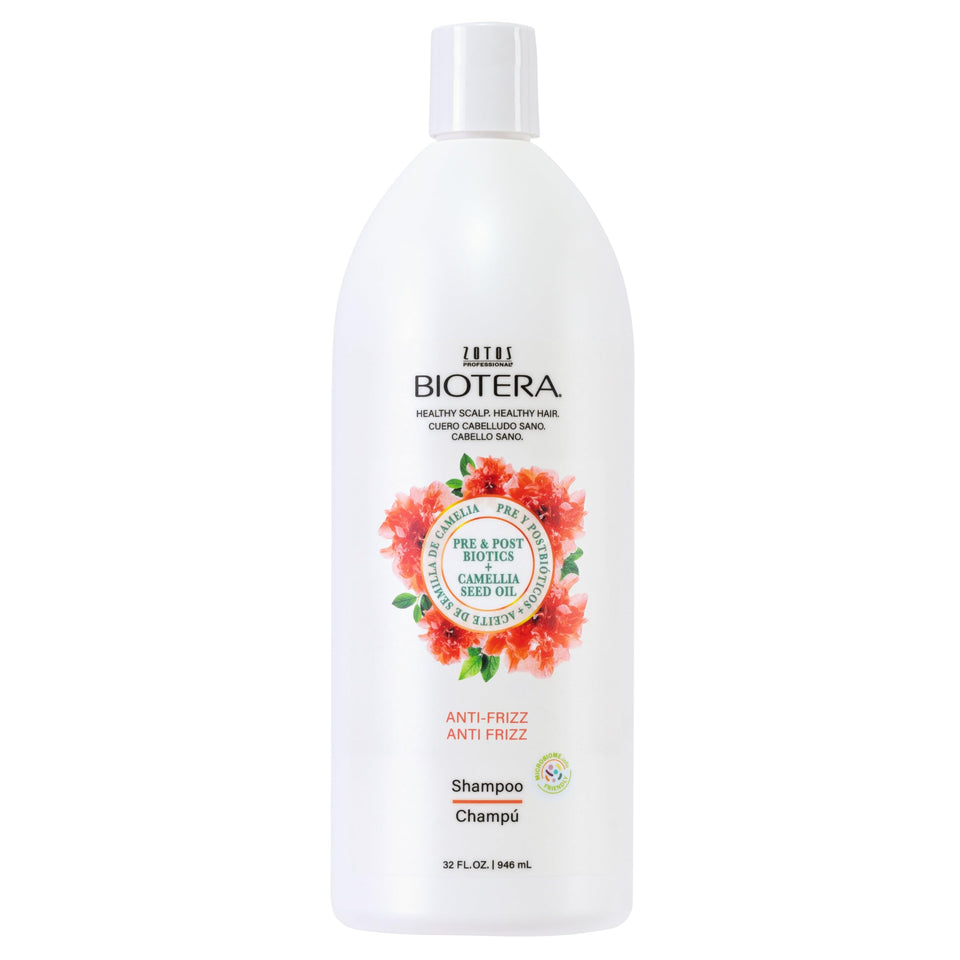 Biotera front bottle 32oz showing product and benefit of long-lasting frizz control
