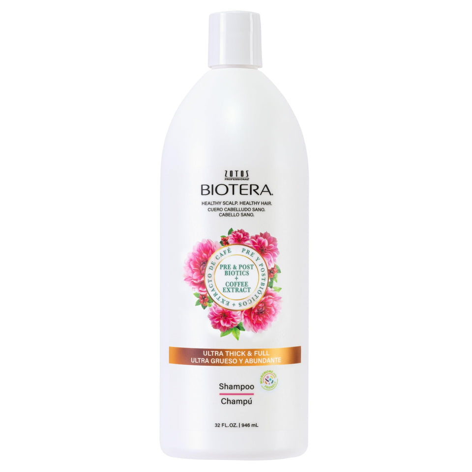 biotera front packaging of volumizing shampoo showing bottle and benefits