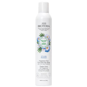 Biotera front packaging showing fragrance-free hairspray and firm hold benefit