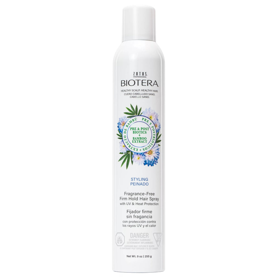 Biotera front packaging showing fragrance-free hairspray and firm hold benefit
