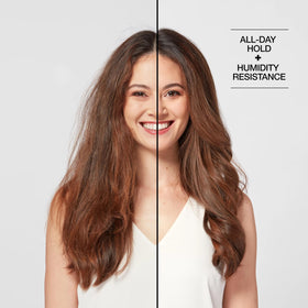 Model with long hair styled in an updo using Biotera for lasting hold and shine