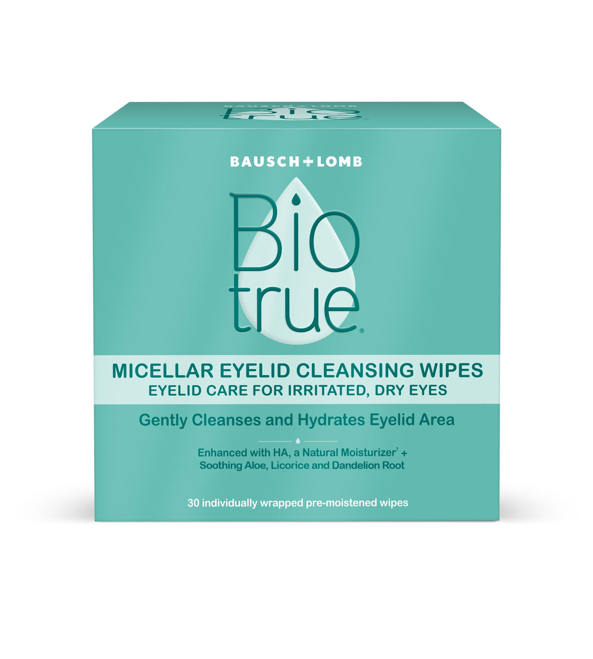 Biotrue front packaging showing 30 wipes and product name, clear benefit
