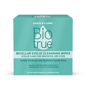 Biotrue front packaging showing 30 wipes and product name, clear benefit