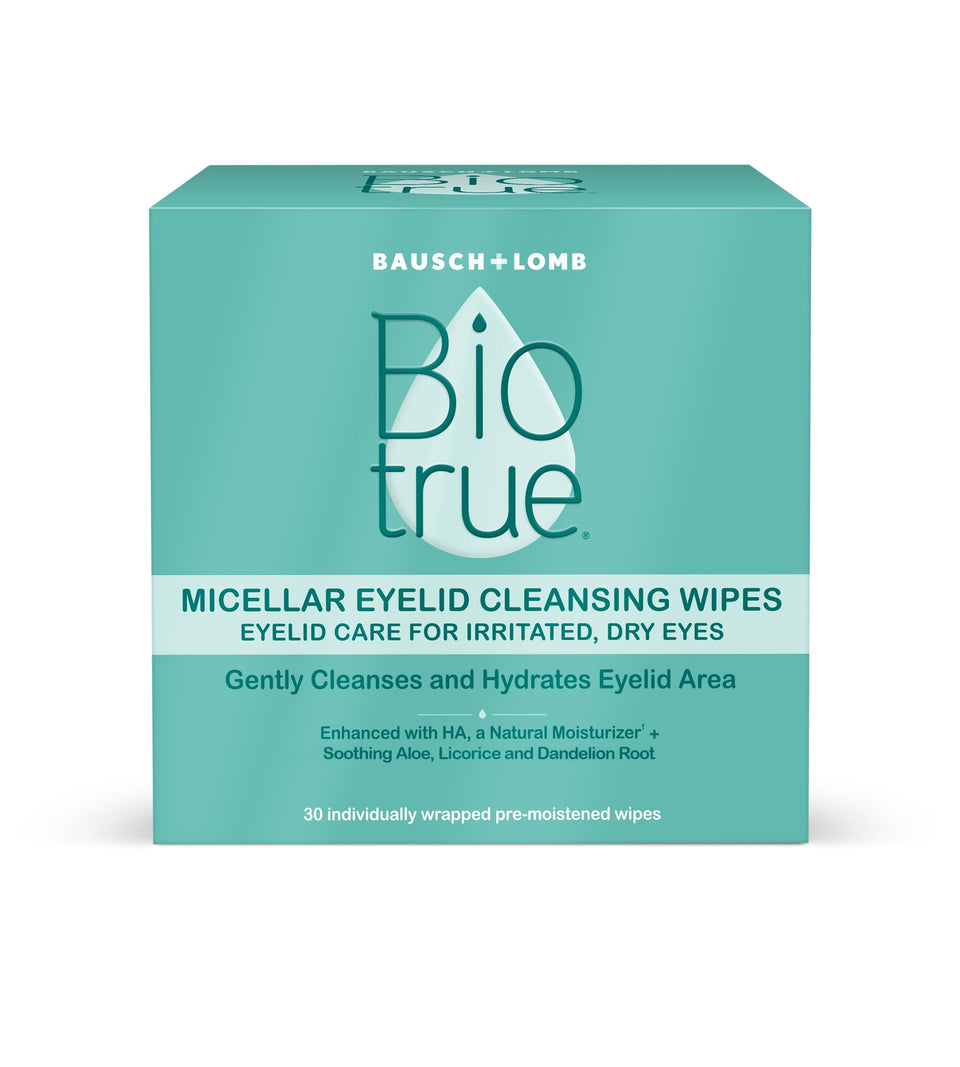 Biotrue front packaging showing 30 wipes and product name, clear benefit