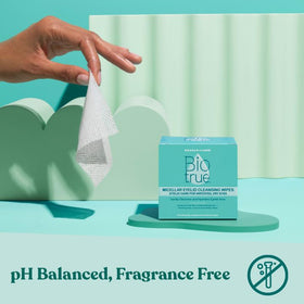 Biotrue wipes on bathroom vanity illustrating daily routine and easy access