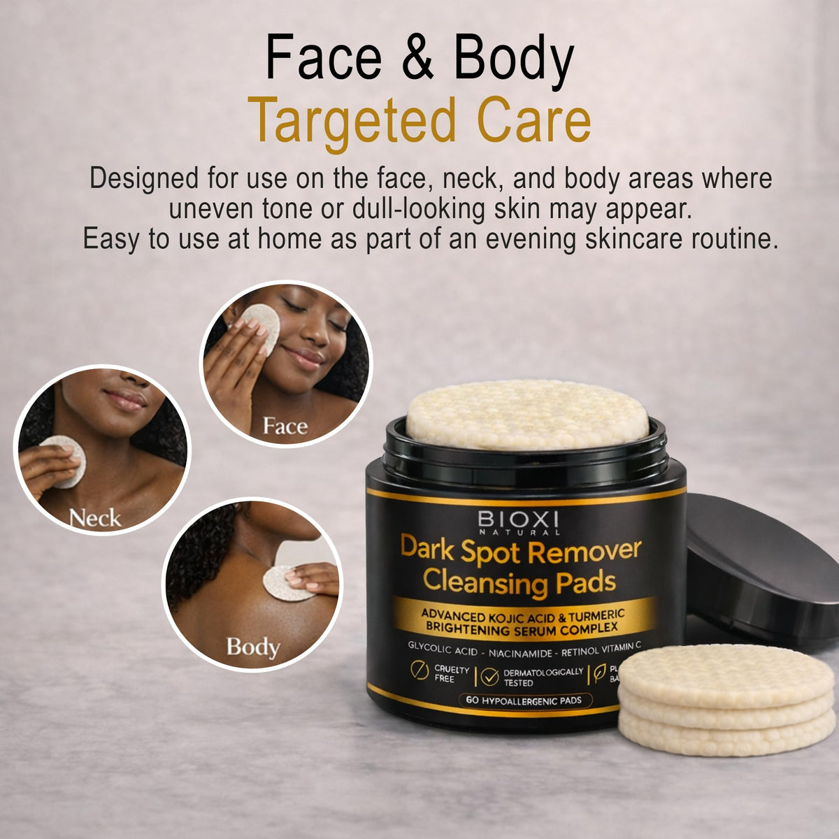 BIOXI pad applying to cheek demonstrating targeted brightening action