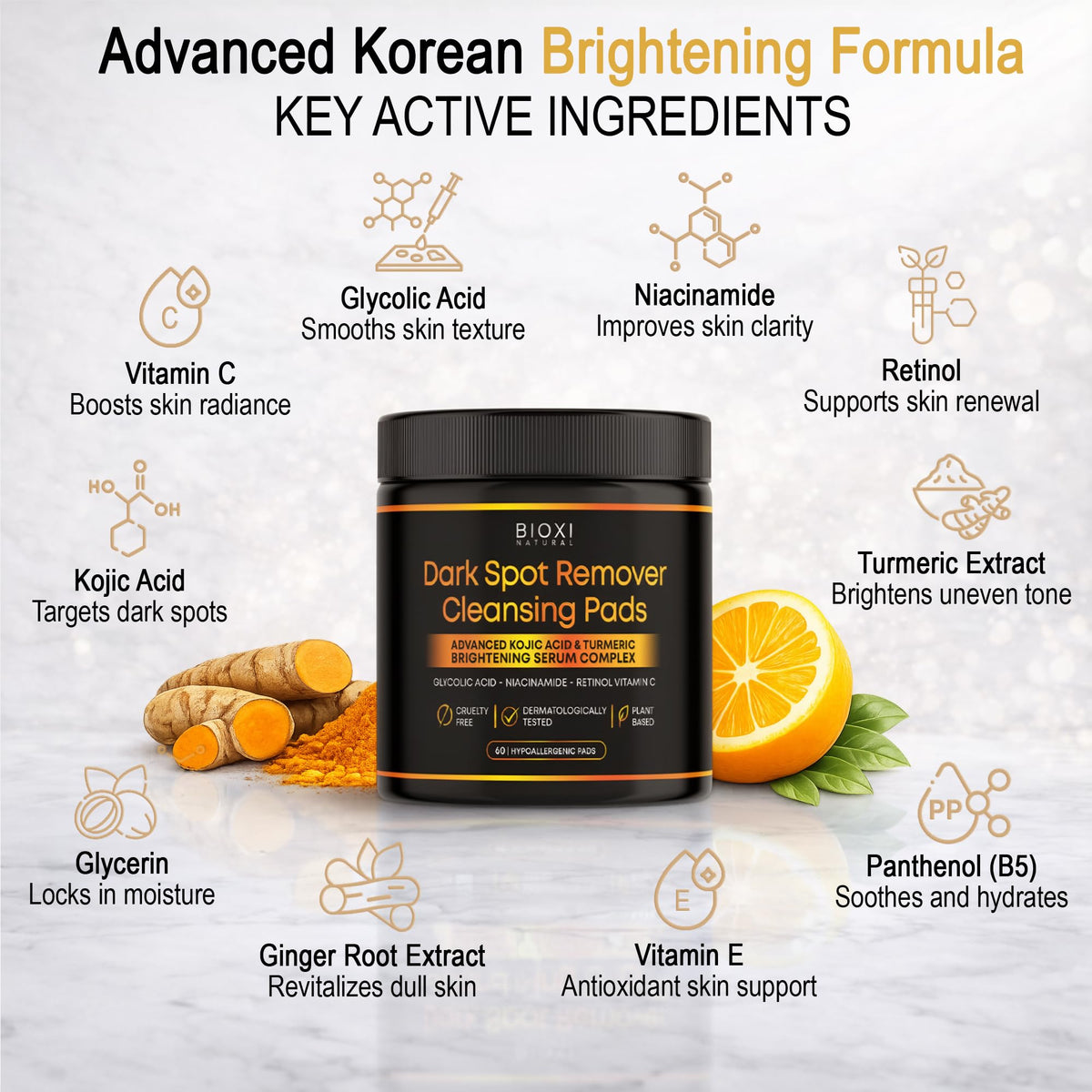BIOXI ingredient label showing key actives like kojic acid and turmeric benefits
