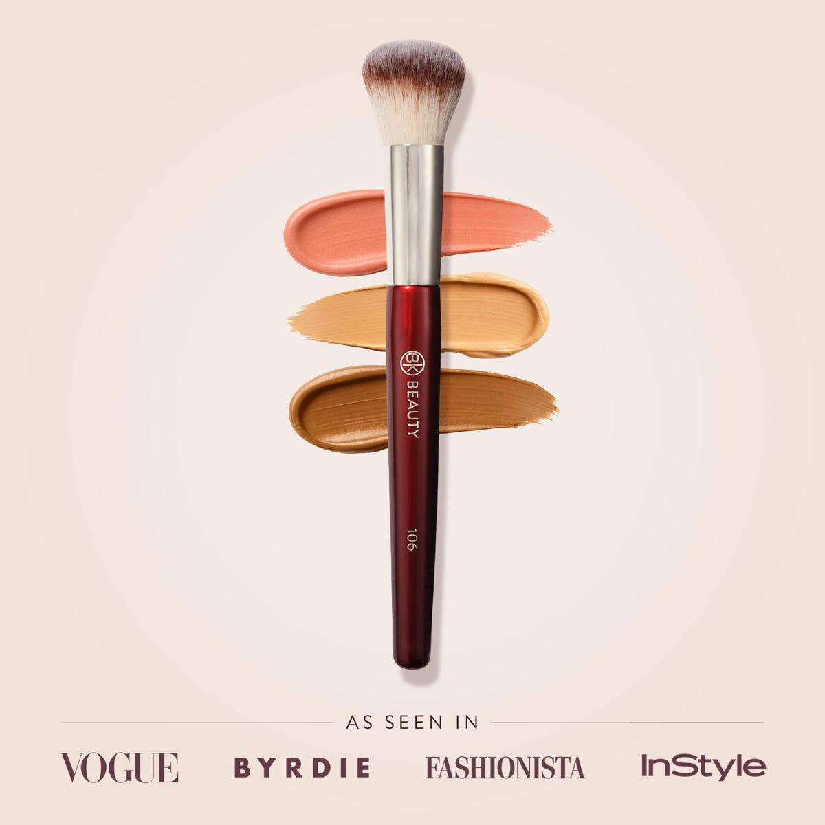 BK BEAUTY brush next to foundation illustrating compact size advantage